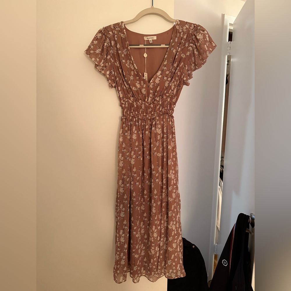 NWT Max Studio Mauve Pink Floral Short Sleeve Ruched Midi Dress